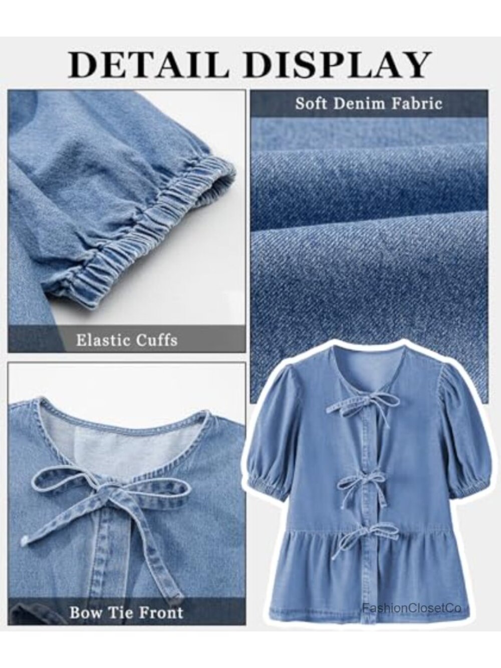 Womens Denim Blouse Bow Tie Front Puff Sleeve Babydoll Peplum Summer Trendy - Picture 6 of 6